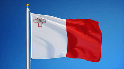 Malta flag waving against clean blue sky, close up, isolated with clipping path mask alpha channel transparency