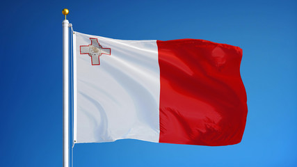 Malta flag waving against clean blue sky, close up, isolated with clipping path mask alpha channel...