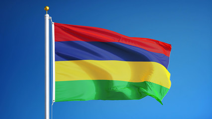 Mauritius flag waving against clean blue sky, close up, isolated with clipping path mask alpha channel transparency