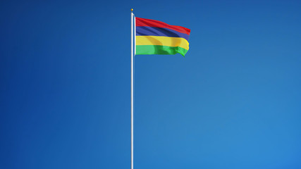Mauritius flag waving against clean blue sky, long shot, isolated with clipping path mask alpha...