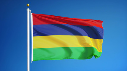 Mauritius flag waving against clean blue sky, close up, isolated with clipping path mask alpha channel transparency