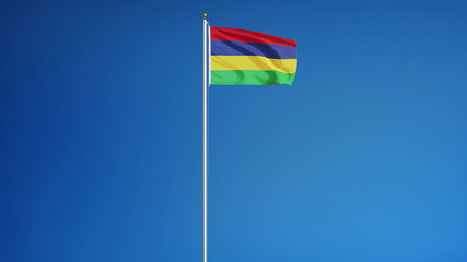 Mauritius flag waving against clean blue sky, long shot, isolated with clipping path mask alpha channel transparency