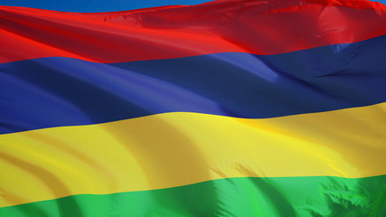 Mauritius flag waving against clean blue sky, close up, isolated with clipping path mask alpha channel transparency