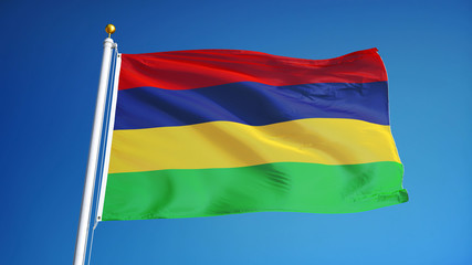 Fototapeta na wymiar Mauritius flag waving against clean blue sky, close up, isolated with clipping path mask alpha channel transparency