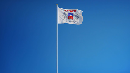 Mayotte flag waving against clean blue sky, long shot, isolated with clipping path mask alpha channel transparency