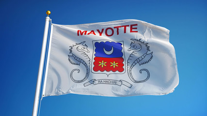 Mayotte flag waving against clean blue sky, close up, isolated with clipping path mask alpha channel transparency