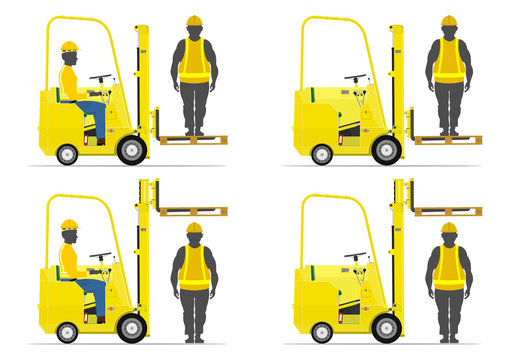 Set of cartoon forklift on a white background. Flat vector