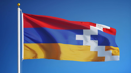 Nagorno-Karabakh flag waving against clean blue sky, close up, isolated with clipping path mask alpha channel transparency