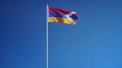 Nagorno-Karabakh flag waving against clean blue sky, long shot, isolated with clipping path mask alpha channel transparency