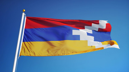 Nagorno-Karabakh flag waving against clean blue sky, close up, isolated with clipping path mask alpha channel transparency