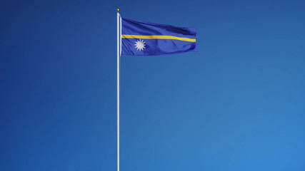 Nauru flag waving against clean blue sky, long shot, isolated with clipping path mask alpha channel...