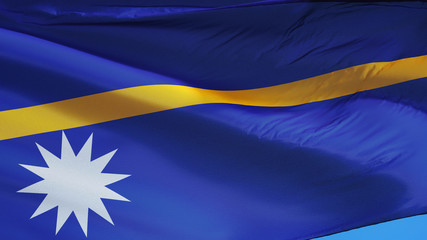 Nauru flag waving against clean blue sky, close up, isolated with clipping path mask alpha channel transparency