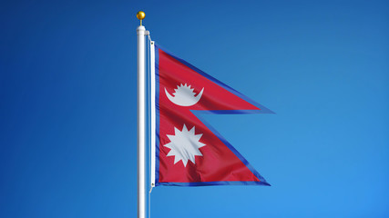 Nepal flag waving against clean blue sky, close up, isolated with clipping path mask alpha channel...