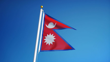 Nepal flag waving against clean blue sky, close up, isolated with clipping path mask alpha channel transparency