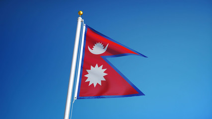 Nepal flag waving against clean blue sky, close up, isolated with clipping path mask alpha channel...