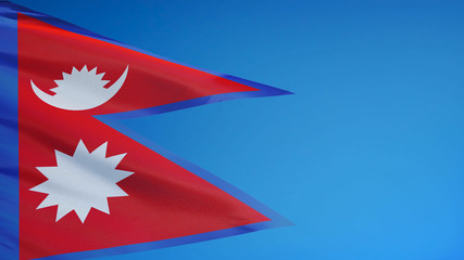 Nepal flag waving against clean blue sky, close up, isolated with clipping path mask alpha channel transparency