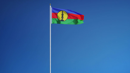 New Caledonia flag waving against clean blue sky long shot isolated with clipping path mask alpha channel transparency