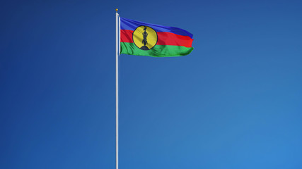 New Caledonia flag waving against clean blue sky long shot isolated with clipping path mask alpha channel transparency