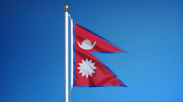 Nepal flag waving against clean blue sky, close up, isolated with clipping path mask alpha channel transparency