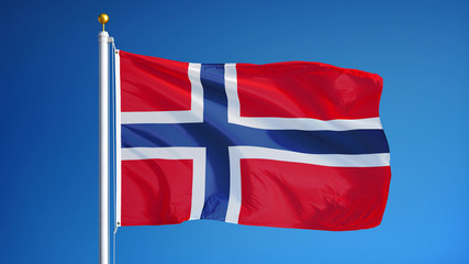 Norway flag waving against clean blue sky, close up, isolated with clipping path mask alpha channel transparency