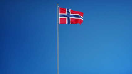 Norway flag waving against clean blue sky, long shot, isolated with clipping path mask alpha channel transparency