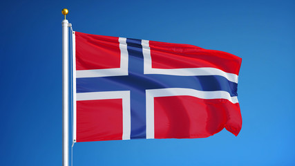 Norway flag waving against clean blue sky, close up, isolated with clipping path mask alpha channel transparency