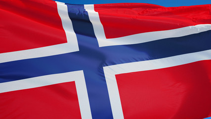 Fototapeta premium Norway flag waving against clean blue sky, close up, isolated with clipping path mask alpha channel transparency
