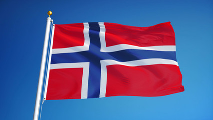 Norway flag waving against clean blue sky, close up, isolated with clipping path mask alpha channel transparency