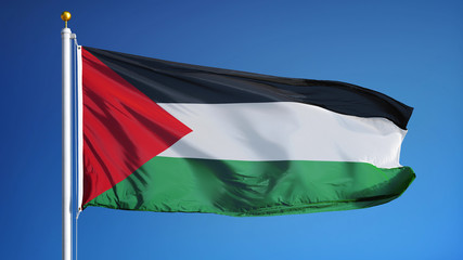Fototapeta na wymiar Palestine flag waving against clean blue sky, close up, isolated with clipping path mask alpha channel transparency