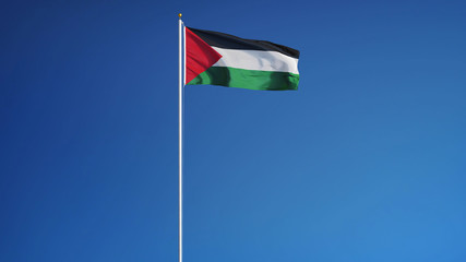 Palestine flag waving against clean blue sky, long shot, isolated with clipping path mask alpha channel transparency