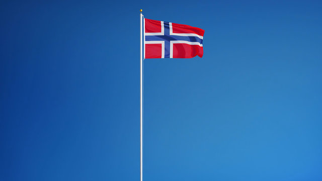 Norway flag waving against clean blue sky, long shot, isolated with clipping path mask alpha channel transparency