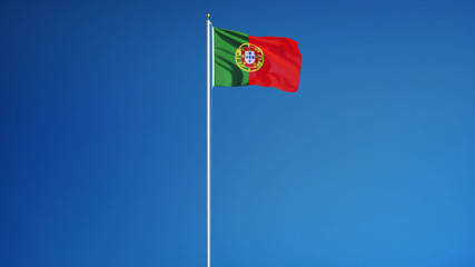 Portugal flag waving against clean blue sky, long shot, isolated with clipping path mask alpha channel transparency