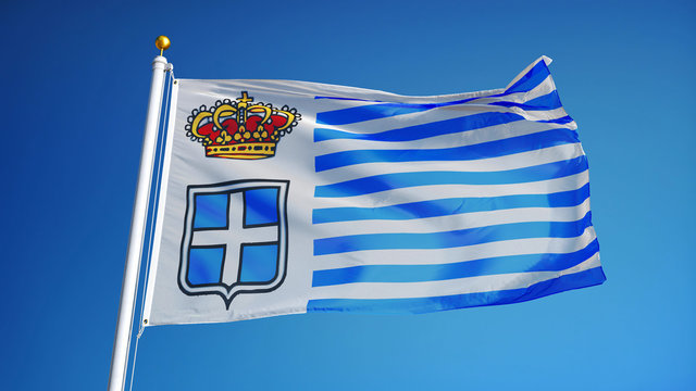 Principality of Seborga flag waving against clean blue sky, close up, isolated with clipping path mask alpha channel transparency