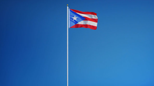 Puerto Rico flag waving against clean blue sky, long shot, isolated with clipping path mask alpha channel transparency