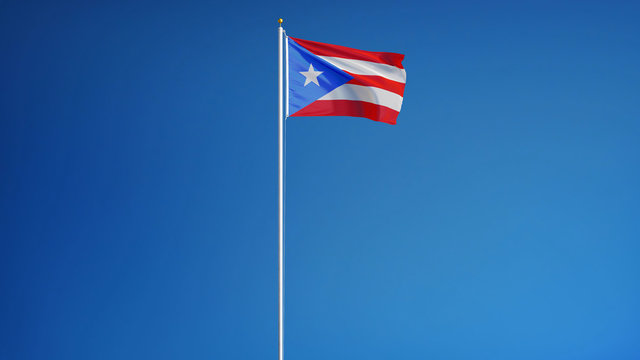 Puerto Rico flag waving against clean blue sky, long shot, isolated with clipping path mask alpha channel transparency