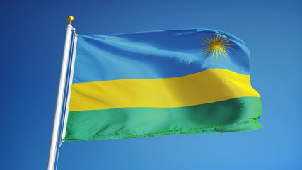 Rwanda flag waving against clean blue sky, close up, isolated with clipping path mask alpha channel transparency