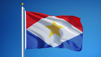 Saba flag waving against clean blue sky, close up, isolated with clipping path mask alpha channel transparency
