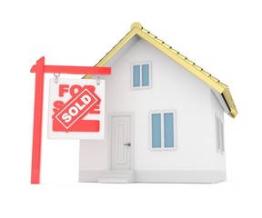 Isolated model of house with sign for sale sold. Concept of real estate, new apartment and moving to a new house. Golden roof. 3D rendering.