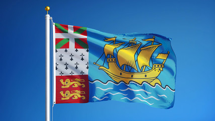 Saint Pierre and Miquelon flag waving against clean blue sky, close up, isolated with clipping path...