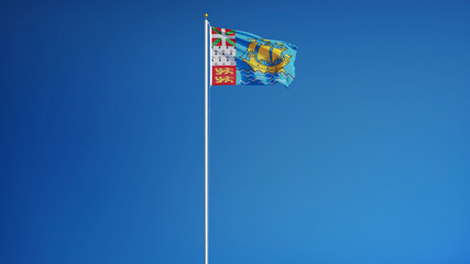 Saint Pierre and Miquelon flag waving against clean blue sky, long shot, isolated with clipping path mask alpha channel transparency digital composition