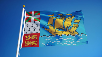 Saint Pierre and Miquelon flag waving against clean blue sky, close up, isolated with clipping path mask alpha channel transparency digital composition