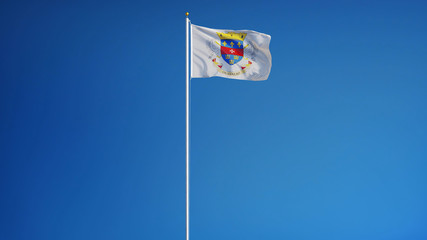 Saint Barthelemy flag waving against clean blue sky, long shot, isolated with clipping path mask alpha channel transparency digital composition