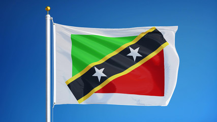 Saint Kitts and Nevis flag waving against clean blue sky, close up, isolated with clipping path mask alpha channel transparency