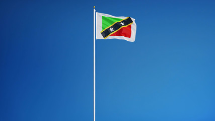 Saint Kitts and Nevis flag waving against clean blue sky, long shot, isolated with clipping path mask alpha channel transparency