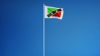 Saint Kitts and Nevis flag waving against clean blue sky, long shot, isolated with clipping path mask alpha channel transparency