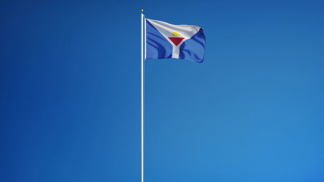 Saint Martin flag waving against clean blue sky, long shot, isolated with clipping path mask alpha channel transparency digital composition