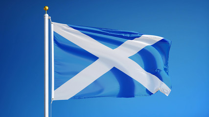 Scotland flag waving against clean blue sky, close up, isolated with clipping path mask alpha channel transparency