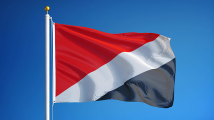 Fototapeta na wymiar Sealand flag waving against clean blue sky, close up, isolated with clipping path mask alpha channel transparency