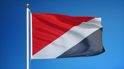 Sealand flag waving against clean blue sky, close up, isolated with clipping path mask alpha channel transparency