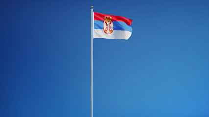 Serbia flag waving against clean blue sky, long shot, isolated with clipping path mask alpha channel transparency